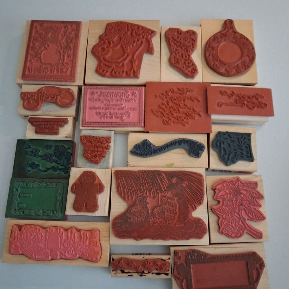 20 Vintage Christmas Wood Rubber Stamp Lot Stampin Up House Mouse Snowman - Picture 7 of 11
